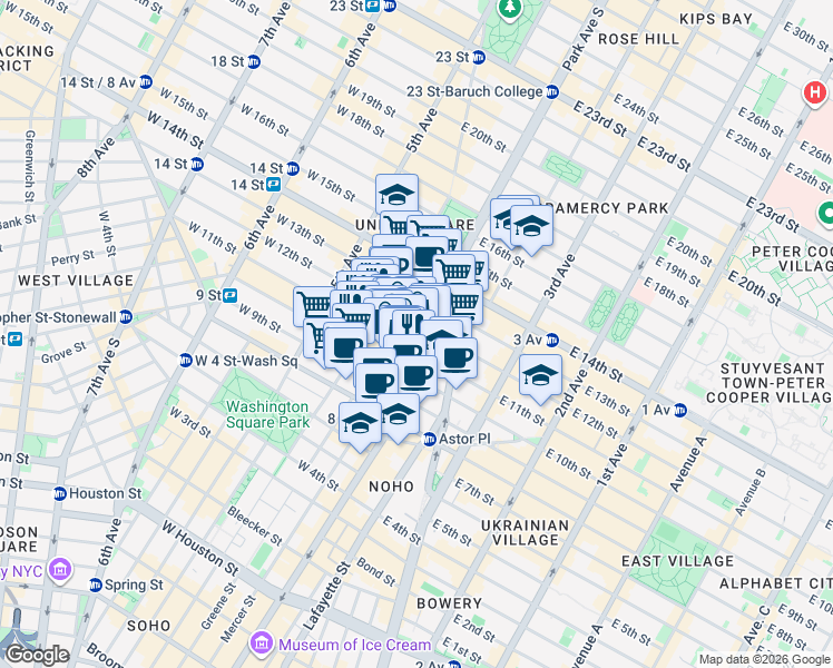map of restaurants, bars, coffee shops, grocery stores, and more near 76 East 11th Street in New York
