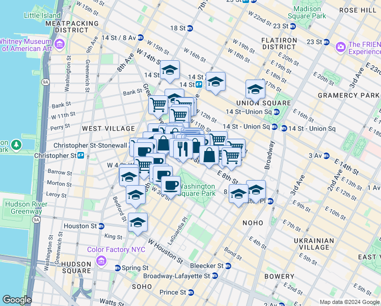 map of restaurants, bars, coffee shops, grocery stores, and more near 218 MacDougal Street in New York