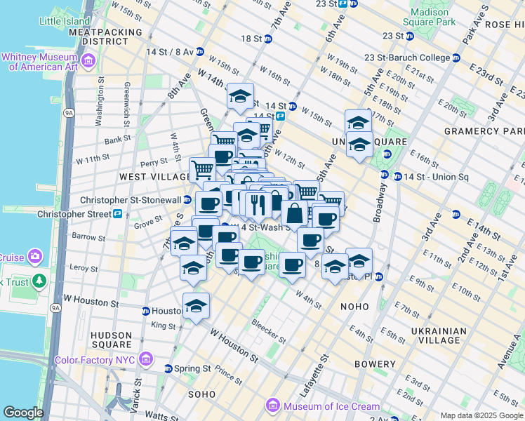 map of restaurants, bars, coffee shops, grocery stores, and more near 218 MacDougal Street in New York