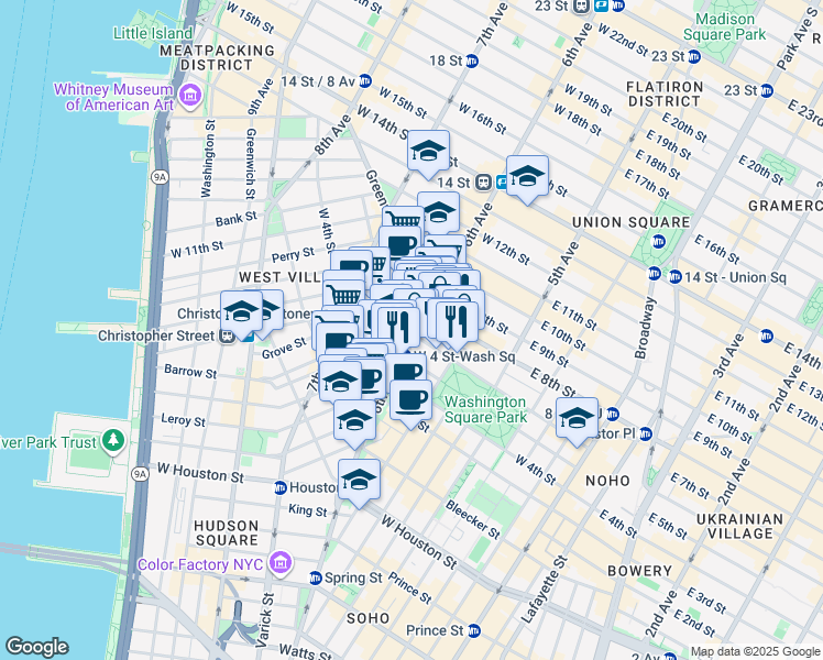 map of restaurants, bars, coffee shops, grocery stores, and more near 340 6th Avenue in New York