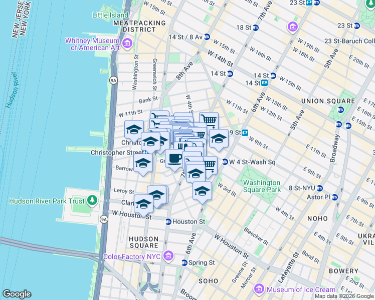 map of restaurants, bars, coffee shops, grocery stores, and more near 304 Bleecker Street in New York