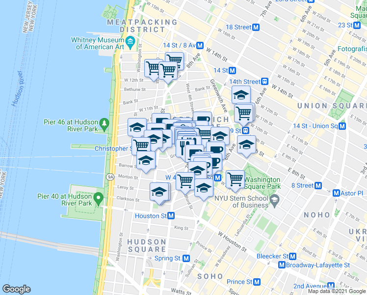 map of restaurants, bars, coffee shops, grocery stores, and more near in New York