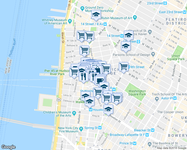 map of restaurants, bars, coffee shops, grocery stores, and more near in New York