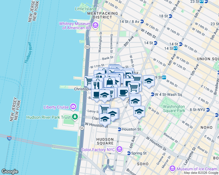 map of restaurants, bars, coffee shops, grocery stores, and more near 487 Hudson Street in New York