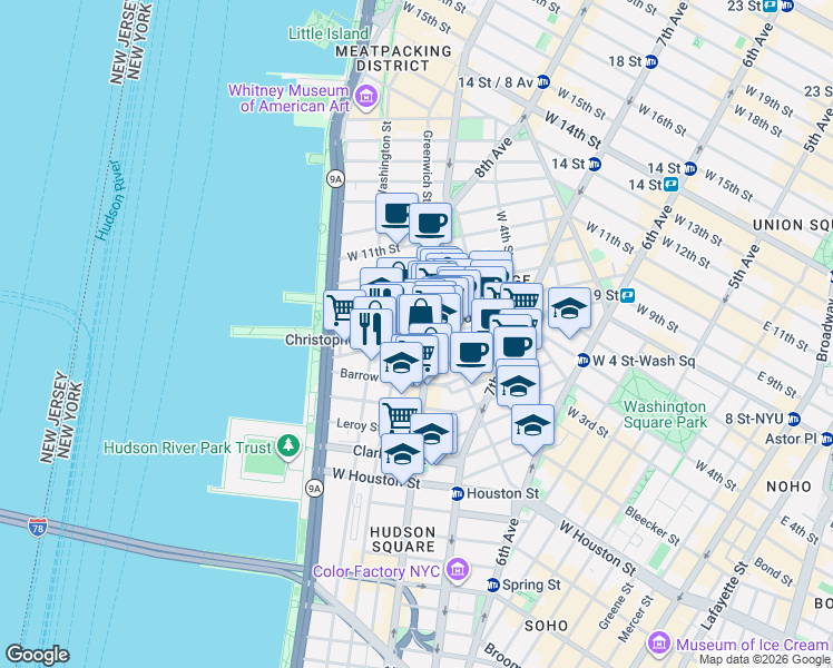 map of restaurants, bars, coffee shops, grocery stores, and more near 487 Hudson Street in New York