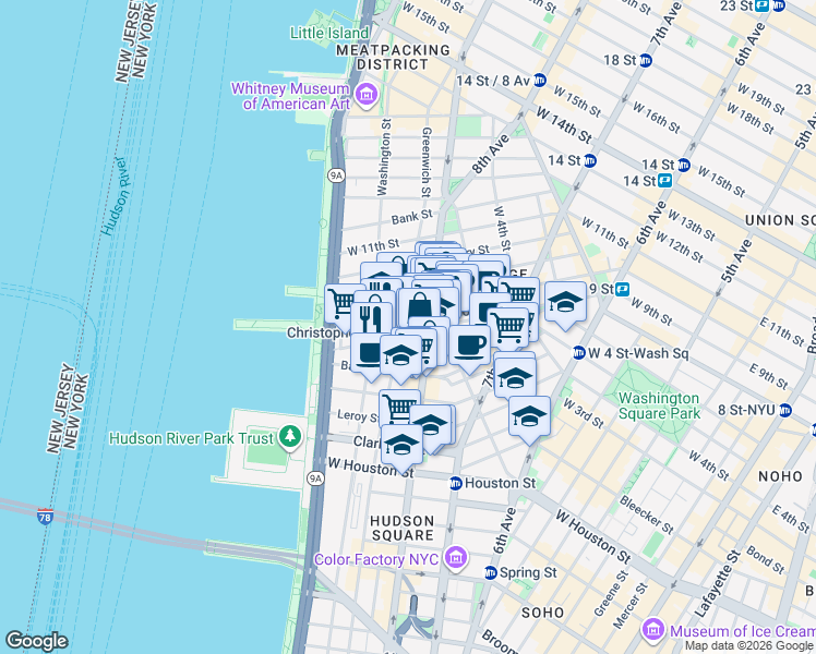 map of restaurants, bars, coffee shops, grocery stores, and more near 487 Hudson Street in New York