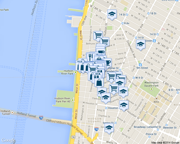 map of restaurants, bars, coffee shops, grocery stores, and more near in New York