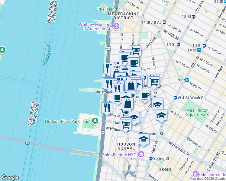 map of restaurants, bars, coffee shops, grocery stores, and more near 391 West Street in New York