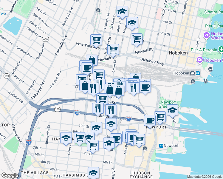 map of restaurants, bars, coffee shops, grocery stores, and more near 209 16th Street in Jersey City