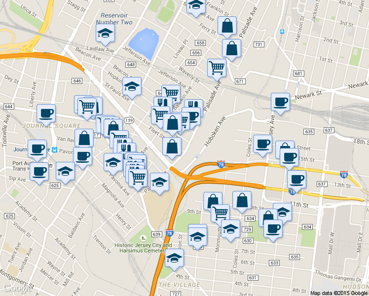 map of restaurants, bars, coffee shops, grocery stores, and more near 91 Palisade Avenue in Jersey City