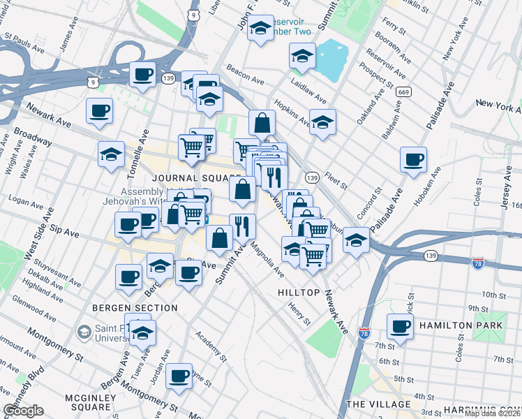 map of restaurants, bars, coffee shops, grocery stores, and more near in Jersey City