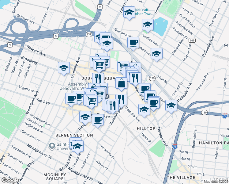 map of restaurants, bars, coffee shops, grocery stores, and more near 615 Pavonia Avenue in Jersey City