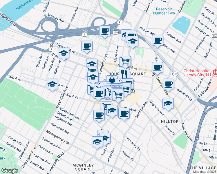 map of restaurants, bars, coffee shops, grocery stores, and more near 282 Magnolia Avenue in Jersey City