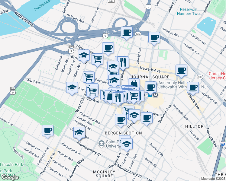 map of restaurants, bars, coffee shops, grocery stores, and more near 111 Garrison Avenue in Jersey City