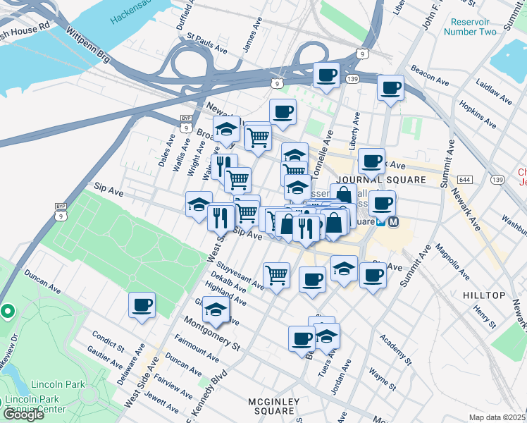 map of restaurants, bars, coffee shops, grocery stores, and more near in Jersey City
