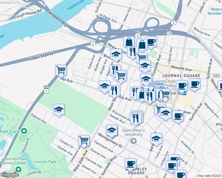 map of restaurants, bars, coffee shops, grocery stores, and more near 274 Sip Avenue in Jersey City