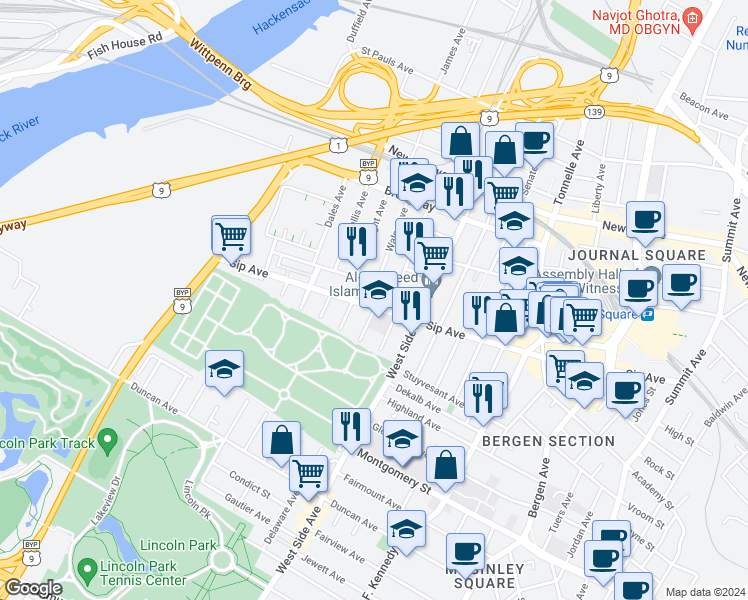 map of restaurants, bars, coffee shops, grocery stores, and more near 305 Sip Avenue in Jersey City