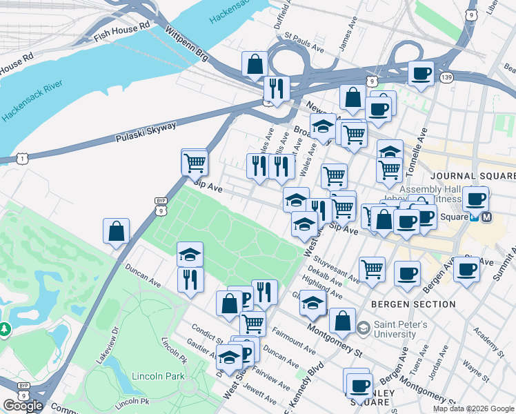 map of restaurants, bars, coffee shops, grocery stores, and more near 11 Bryant Avenue in Jersey City