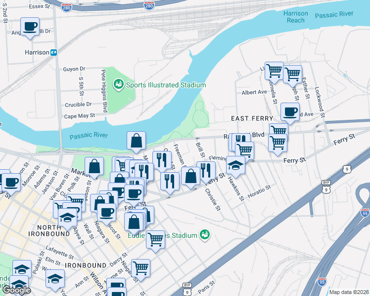 map of restaurants, bars, coffee shops, grocery stores, and more near 33-35 Freeman Street in Newark