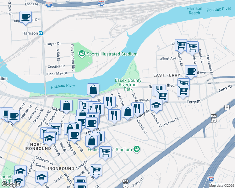 map of restaurants, bars, coffee shops, grocery stores, and more near 37 Freeman Street in Newark