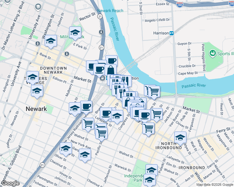 map of restaurants, bars, coffee shops, grocery stores, and more near in Newark