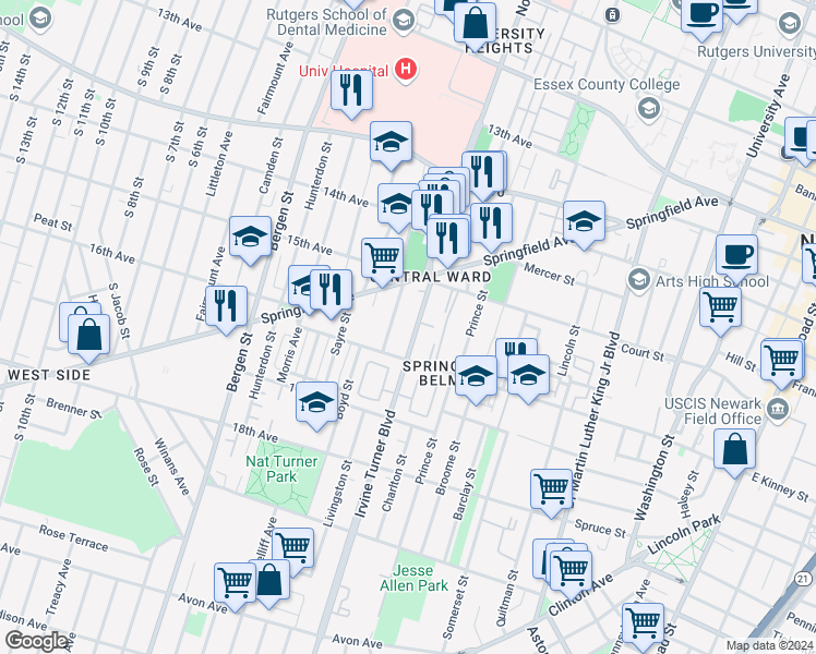 map of restaurants, bars, coffee shops, grocery stores, and more near 65b Irvine Turner Boulevard in Newark