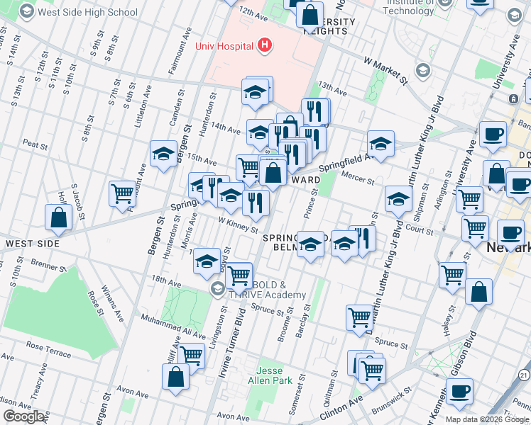 map of restaurants, bars, coffee shops, grocery stores, and more near 65b Irvine Turner Boulevard in Newark