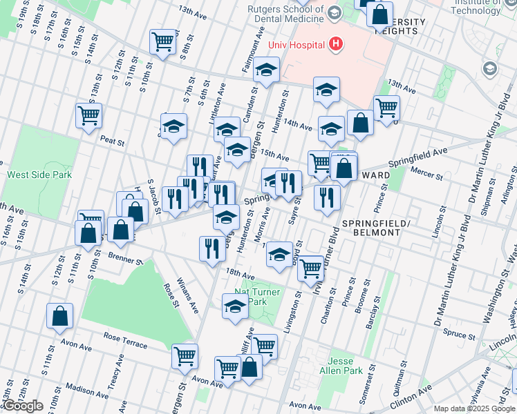 map of restaurants, bars, coffee shops, grocery stores, and more near 338 Hunterdon Street in Newark