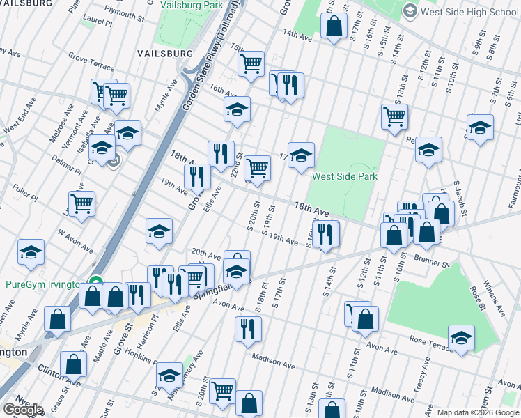map of restaurants, bars, coffee shops, grocery stores, and more near 699 South 19th Street in Newark