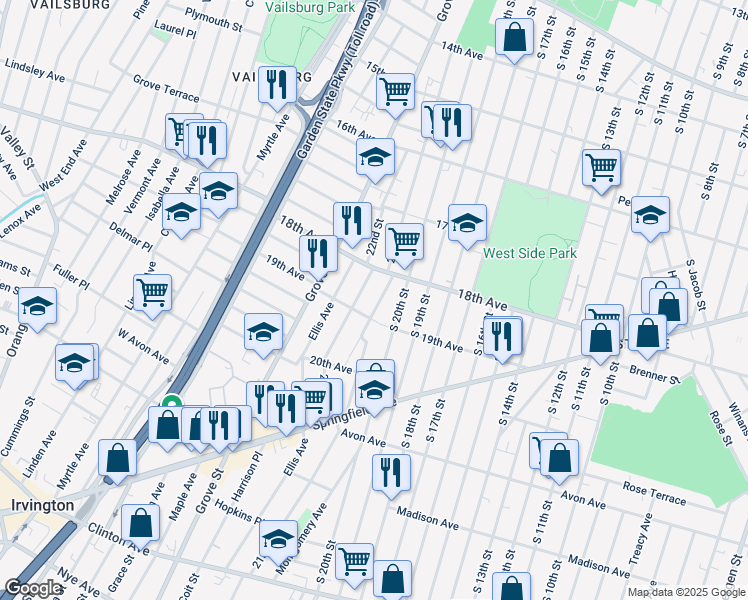 map of restaurants, bars, coffee shops, grocery stores, and more near 112 19th Avenue in Irvington