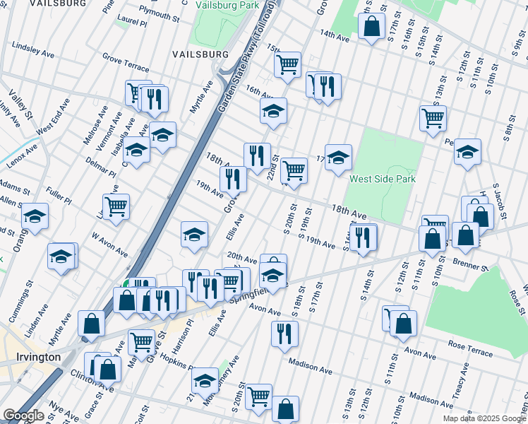 map of restaurants, bars, coffee shops, grocery stores, and more near 100 22nd Street in Irvington