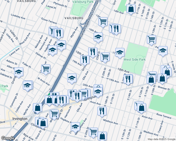 map of restaurants, bars, coffee shops, grocery stores, and more near 100 22nd Street in Irvington