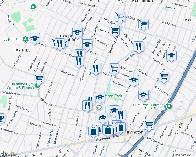 map of restaurants, bars, coffee shops, grocery stores, and more near 415 Stuyvesant Avenue in Irvington