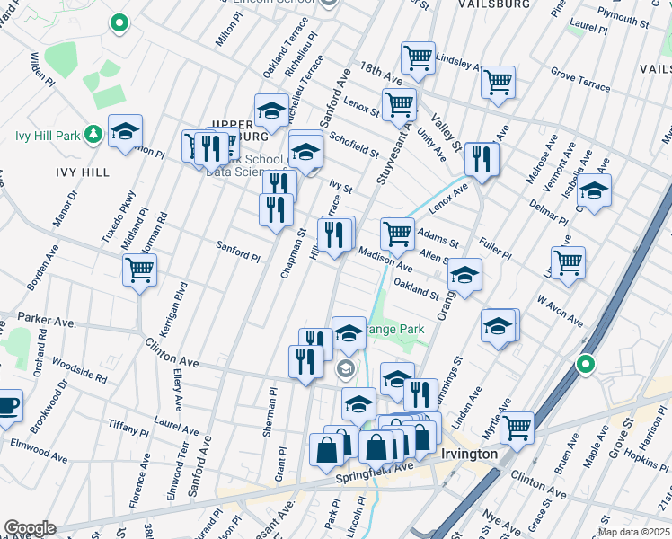 map of restaurants, bars, coffee shops, grocery stores, and more near 415 Stuyvesant Avenue in Irvington