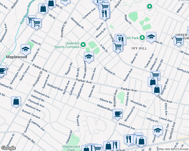 map of restaurants, bars, coffee shops, grocery stores, and more near 147 Parker Avenue in Maplewood
