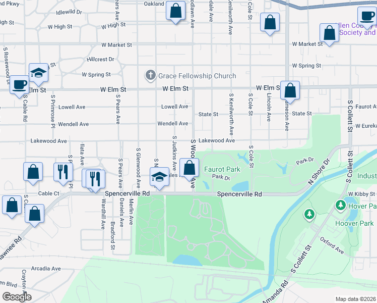 map of restaurants, bars, coffee shops, grocery stores, and more near 717 South Judkins Avenue in Lima