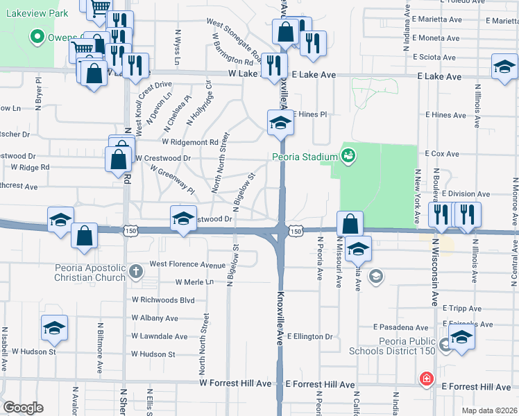 map of restaurants, bars, coffee shops, grocery stores, and more near 100-198 W Westwood Dr in Peoria