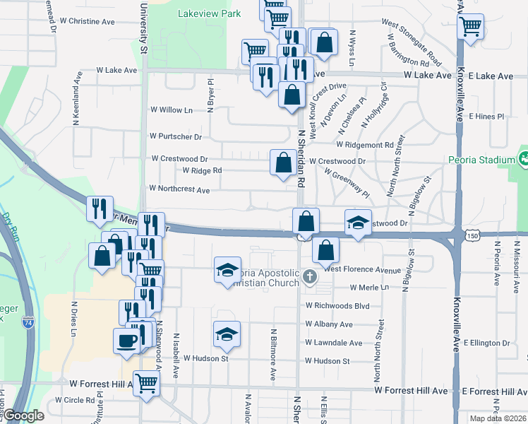 map of restaurants, bars, coffee shops, grocery stores, and more near 811 W Westwood Dr in Peoria