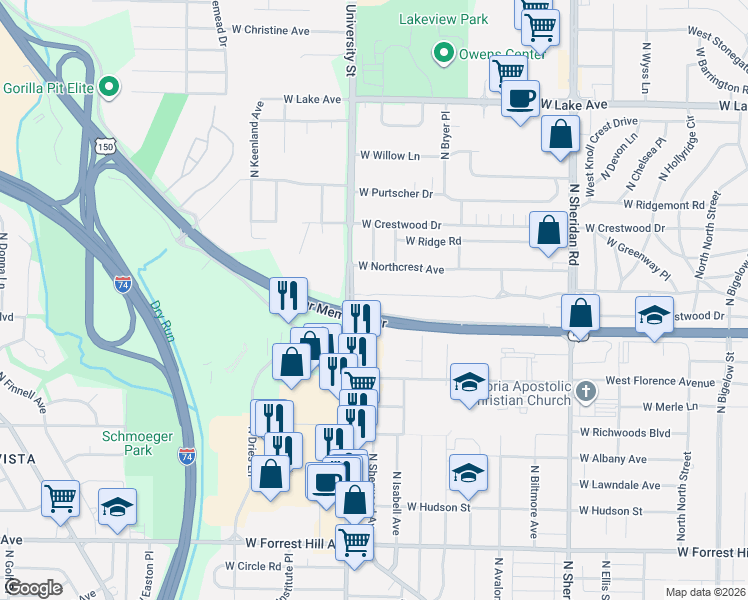map of restaurants, bars, coffee shops, grocery stores, and more near 948-1118 W War Memorial Dr in Peoria