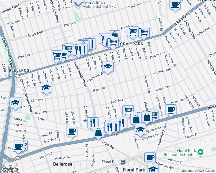 map of restaurants, bars, coffee shops, grocery stores, and more near 258th Street in Queens