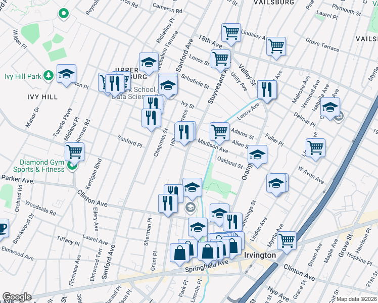 map of restaurants, bars, coffee shops, grocery stores, and more near 415 Stuyvesant Avenue in Irvington
