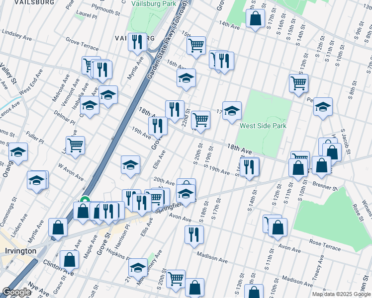 map of restaurants, bars, coffee shops, grocery stores, and more near 112 19th Avenue in Irvington