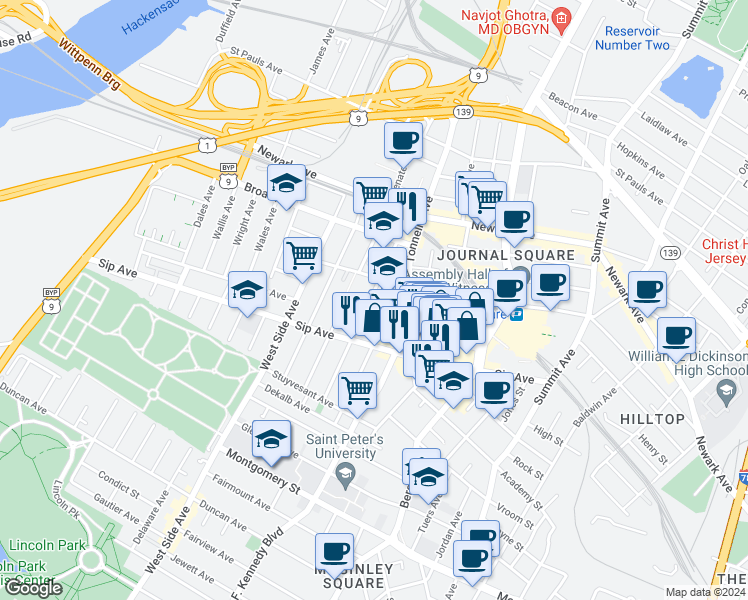 map of restaurants, bars, coffee shops, grocery stores, and more near 98 Romaine Avenue in Jersey City