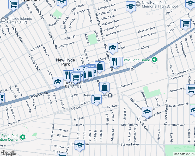 map of restaurants, bars, coffee shops, grocery stores, and more near Jericho Turnpike & Millers Ln in New Hyde Park