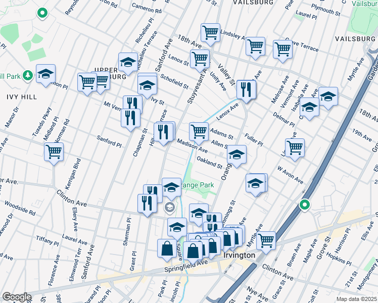 map of restaurants, bars, coffee shops, grocery stores, and more near 82 West Rich Street in Irvington