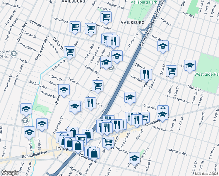 map of restaurants, bars, coffee shops, grocery stores, and more near 207 Brookside Avenue in Irvington