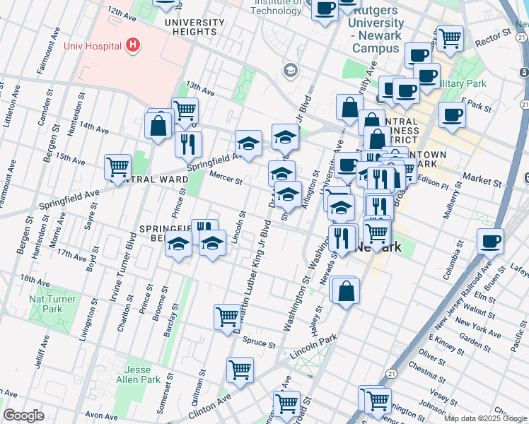 map of restaurants, bars, coffee shops, grocery stores, and more near 600 Doctor Martin Luther King Junior Boulevard in Newark