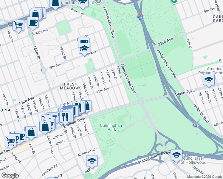 map of restaurants, bars, coffee shops, grocery stores, and more near 75-06 197th Street in Queens