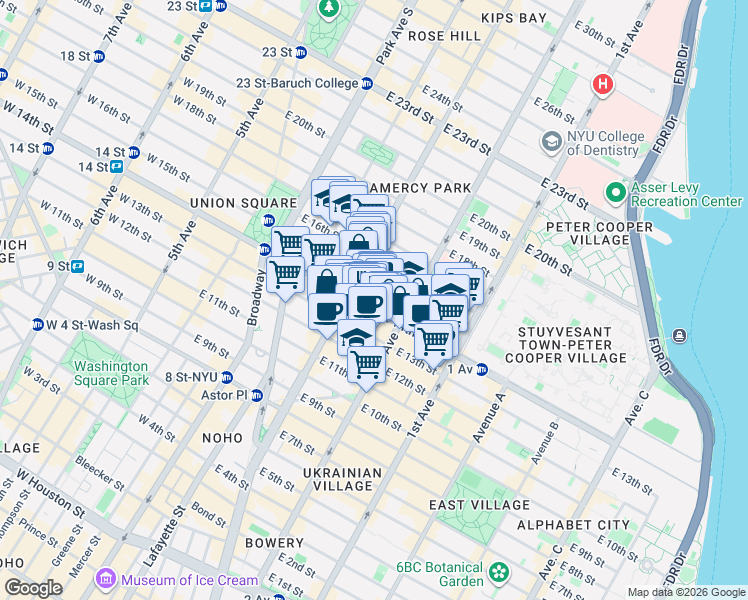 map of restaurants, bars, coffee shops, grocery stores, and more near 230 East 14th Street in New York