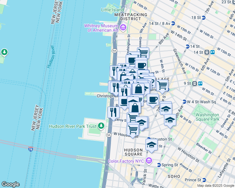 map of restaurants, bars, coffee shops, grocery stores, and more near 391 West Street in New York
